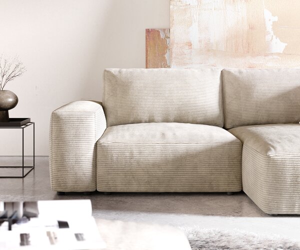 DELIFE Rohová pohovka Lanzo 230x155 cm manšestr béžová lenoška variabilní s taburetem