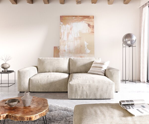 DELIFE Rohová pohovka Lanzo 230x155 cm manšestr béžová lenoška variabilní s taburetem