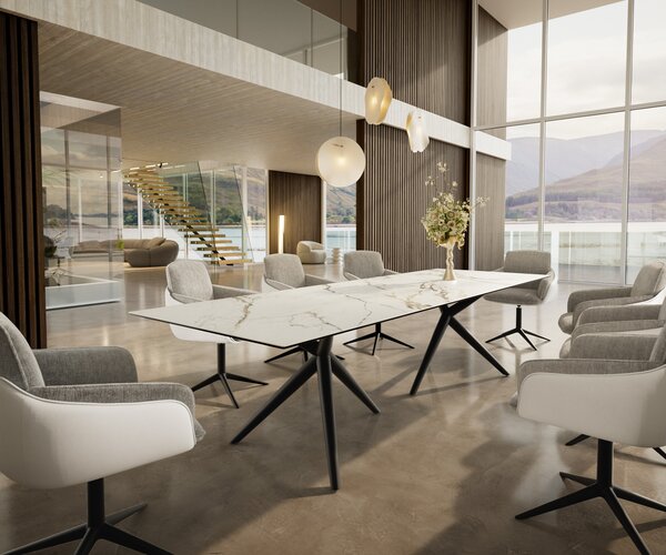 DELIFE Jídelní stůl Edge 300x100 keramika Calacatta Luxe bílá-zlatá-šedá Estelar kulatý kov černý