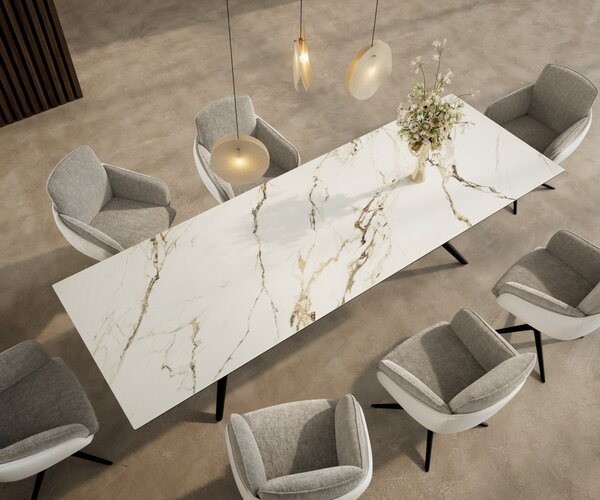 DELIFE Jídelní stůl Edge 300x100 keramika Calacatta Luxe bílá-zlatá-šedá Estelar kulatý kov černý
