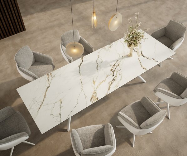 DELIFE Jídelní stůl Edge 300x100 keramika Calacatta Luxe bílá-zlatá-šedá Estelar kulatý kov bílý