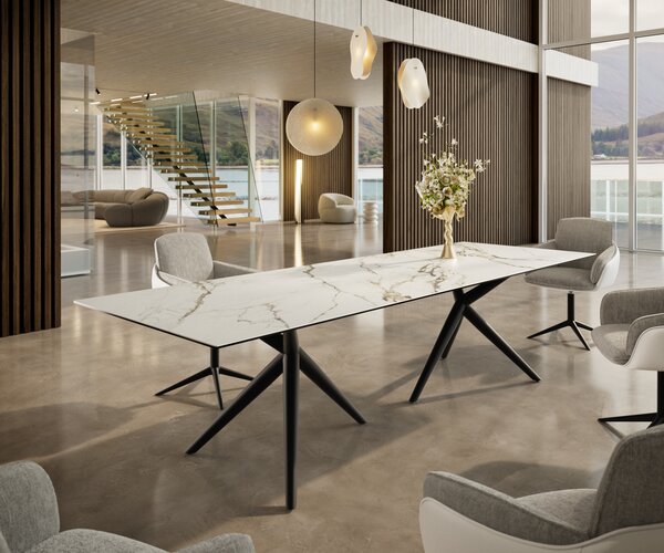 DELIFE Jídelní stůl Edge 300x100 keramika Calacatta Luxe bílá-zlatá-šedá Estelar kulatý kov černý