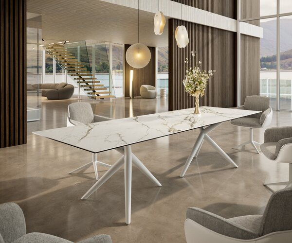 DELIFE Jídelní stůl Edge 300x100 keramika Calacatta Luxe bílá-zlatá-šedá Estelar kulatý kov bílý