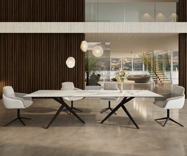 DELIFE Jídelní stůl Edge 300x100 keramika Calacatta Luxe bílá-zlatá-šedá Estelar kulatý kov černý
