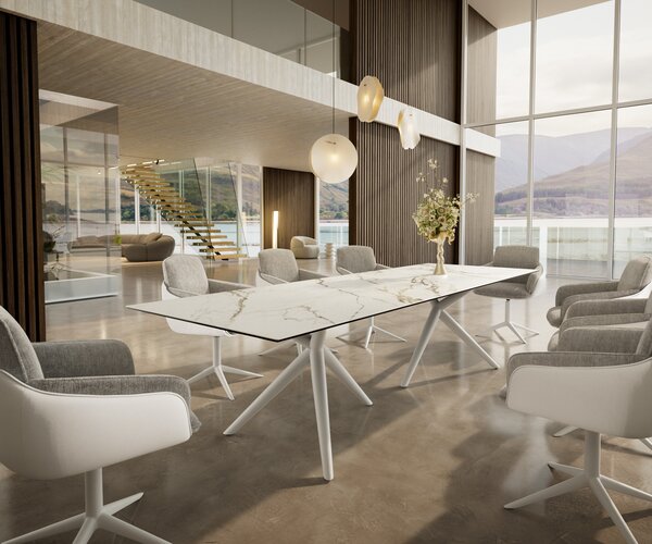 DELIFE Jídelní stůl Edge 300x100 keramika Calacatta Luxe bílá-zlatá-šedá Estelar kulatý kov bílý