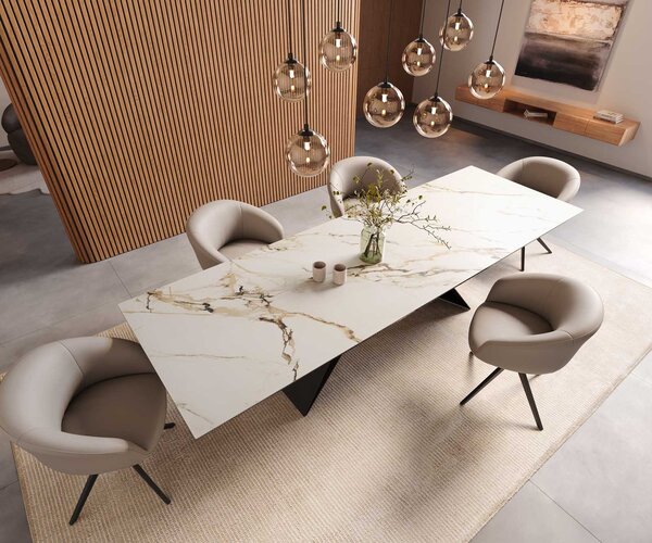 DELIFE Jídelní stůl Edge 300x100 keramika Calacatta Luxe bílá-zlatá-šedá podnož ve tvaru V plochá ocel černá