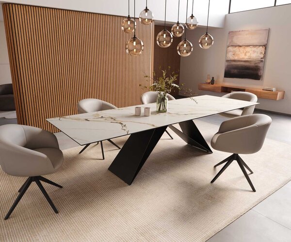 DELIFE Jídelní stůl Edge 300x100 keramika Calacatta Luxe bílá-zlatá-šedá podnož ve tvaru V plochá ocel černá
