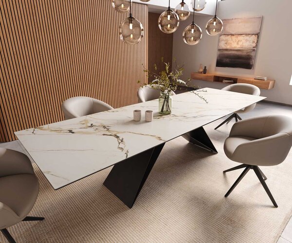 DELIFE Jídelní stůl Edge 300x100 keramika Calacatta Luxe bílá-zlatá-šedá podnož ve tvaru V plochá ocel černá