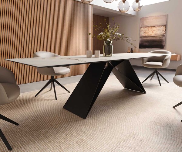 DELIFE Jídelní stůl Edge 300x100 keramika Calacatta Luxe bílá-zlatá-šedá podnož ve tvaru V plochá ocel černá