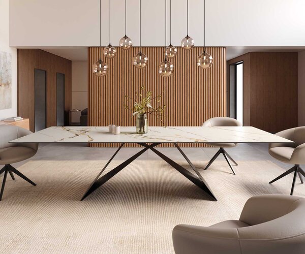 DELIFE Jídelní stůl Edge 300x100 keramika Calacatta Luxe bílá-zlatá-šedá podnož ve tvaru V plochá ocel černá
