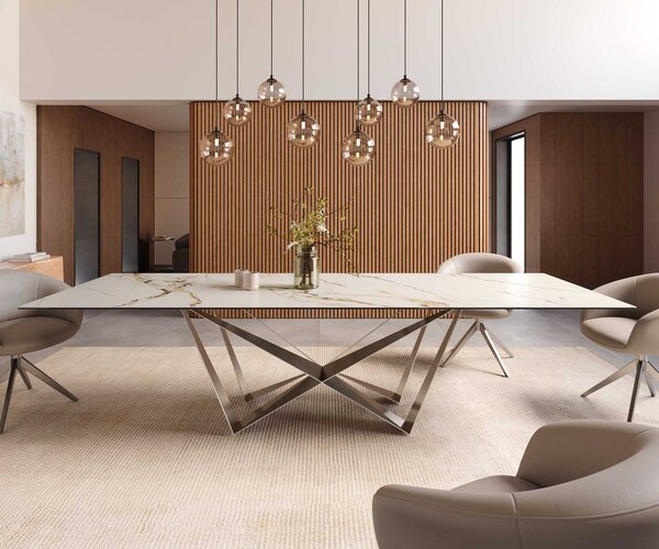 DELIFE Jídelní stůl Edge 300x100 keramika Calacatta Luxe bílá-zlatá-šedá Spider plochá ocel nerezová ocel