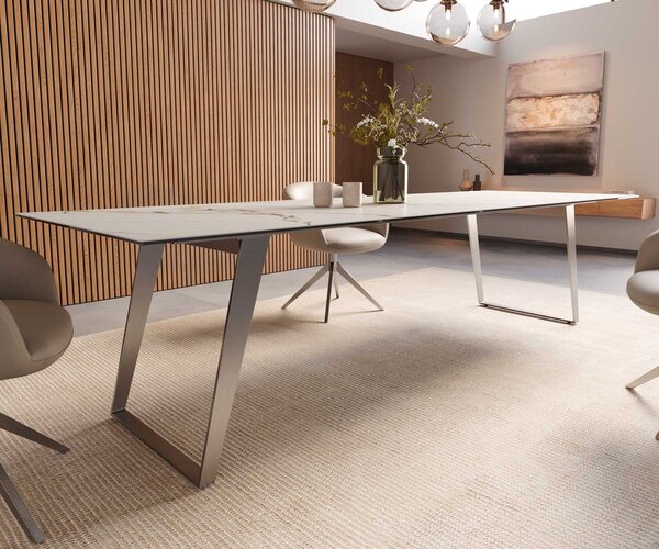 DELIFE Jídelní stůl Edge 300x100 keramika Calacatta Luxe bílá-zlatá-šedá nerezová ocel šikmý