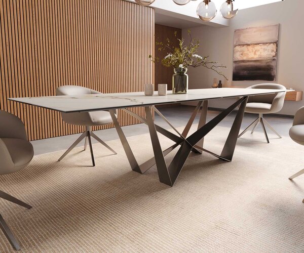 DELIFE Jídelní stůl Edge 300x100 keramika Calacatta Luxe bílá-zlatá-šedá Spider plochá ocel nerezová ocel