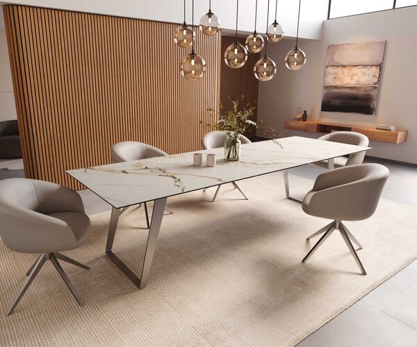 DELIFE Jídelní stůl Edge 300x100 keramika Calacatta Luxe bílá-zlatá-šedá nerezová ocel šikmý