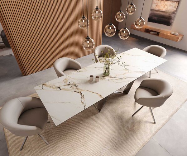 DELIFE Jídelní stůl Edge 300x100 keramika Calacatta Luxe bílá-zlatá-šedá Spider plochá ocel nerezová ocel