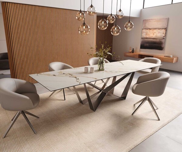 DELIFE Jídelní stůl Edge 300x100 keramika Calacatta Luxe bílá-zlatá-šedá Spider plochá ocel nerezová ocel