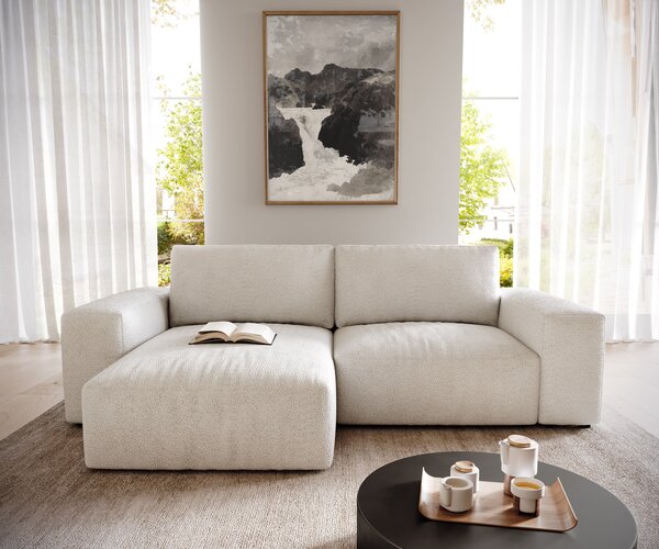DELIFE Rohová pohovka Lanzo L 260x160 cm bouclé krémovo-bílá variabilní lenoška