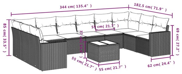 11dílný zahradní sedací souprava s poduškami béžový polyratan 3251816