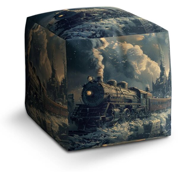 Sablio Taburet Cube Parní lokomotiva v zasněženém městě - 40x40x40 cm