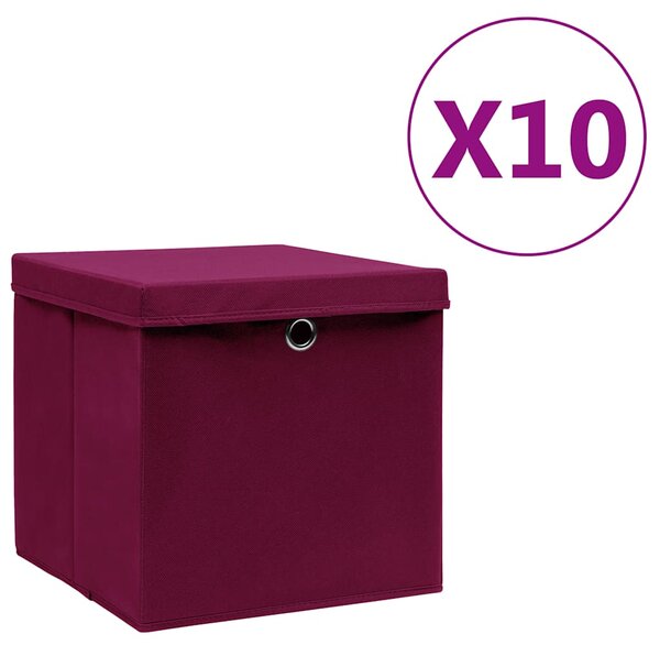 Úložné boxy s víky 10 ks 28 x 28 x 28 cm tmavě červené 325202