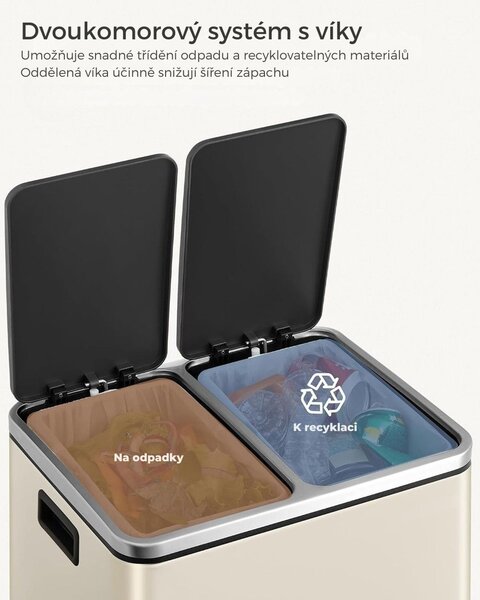 Koš na třídění odpadu SORT 30l (2×15l), béžová/stříbrná/černá SongmicsHome
