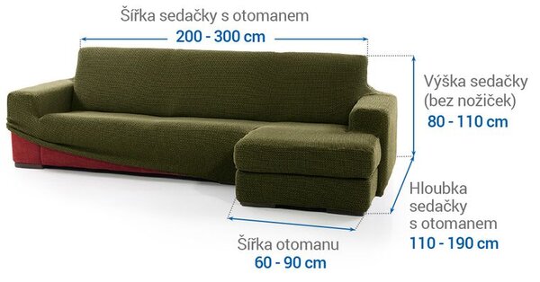 Super strečové potahy NIAGARA zelená sedačka s otomanem vpravo (š. 200 - 300 cm)