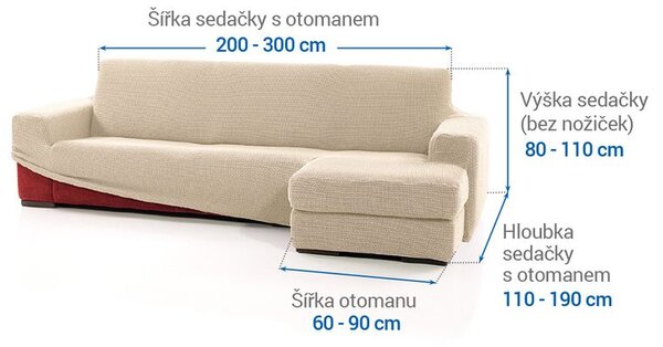 Super strečové potahy NIAGARA smetanová sedačka s otomanem vpravo (š. 200 - 300 cm)