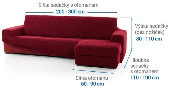 Super strečové potahy NIAGARA bordó sedačka s otomanem vpravo (š. 200 - 300 cm)