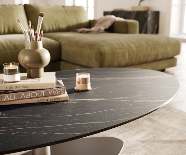 DELIFE Konferenční stolek Edge oválný 140x80 cm keramika Laminam® Noir Desir hnědá Vibany nerezová ocel broušená