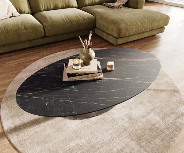 DELIFE Konferenční stolek Edge oválný 140x80 cm keramika Laminam® Noir Desir hnědá Vibany nerezová ocel broušená