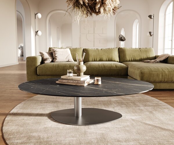 DELIFE Konferenční stolek Edge oválný 140x80 cm keramika Laminam® Noir Desir hnědá Vibany nerezová ocel broušená