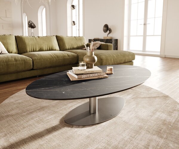 DELIFE Konferenční stolek Edge oválný 140x80 cm keramika Laminam® Noir Desir hnědá Vibany nerezová ocel broušená
