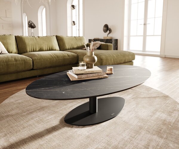 DELIFE Konferenční stolek Edge oválný 140x80 cm keramika Laminam® Noir Desir hnědá Vibany kov černá
