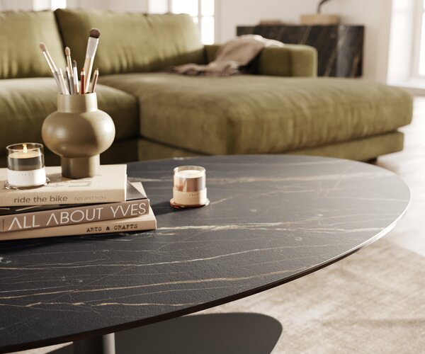 DELIFE Konferenční stolek Edge oválný 140x80 cm keramika Laminam® Noir Desir hnědá Vibany kov černá