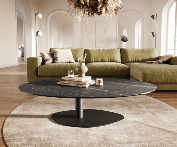 DELIFE Konferenční stolek Edge oválný 140x80 cm keramika Laminam® Noir Desir hnědá Vibany kov černá