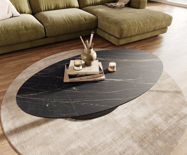 DELIFE Konferenční stolek Edge oválný 140x80 cm keramika Laminam® Noir Desir hnědá Vibany kov černá