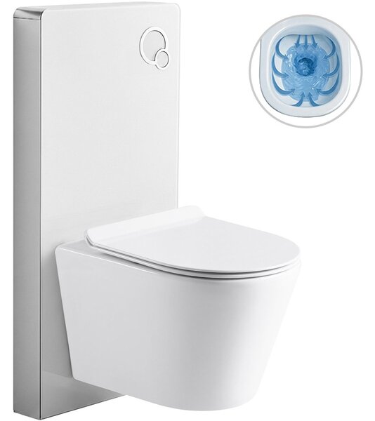 Kompletní WC set Modul/Carlito - bílá lesklá - integrované WC tlačítko - pneumatický modul - 48,5x36,5 cm