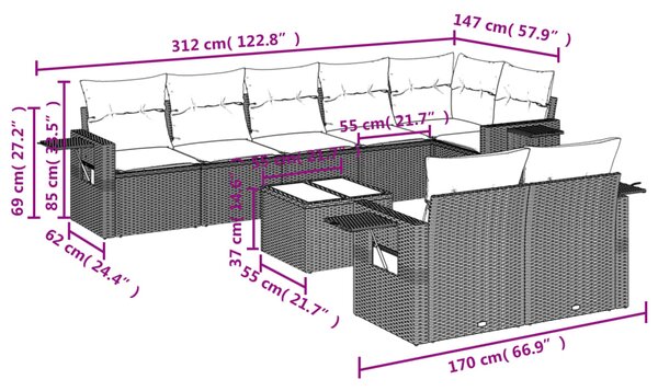 9dílná zahradní sedací souprava s poduškami béžová polyratan 3252766