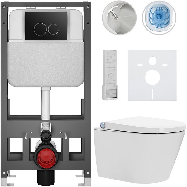 Závěsné WC s bidetem Basic/Cronus Premium - bílá lesklá - WC tlačítko Dualo/Černá - volně stojící - předstěnová instalace - 59,3x38,4 cm