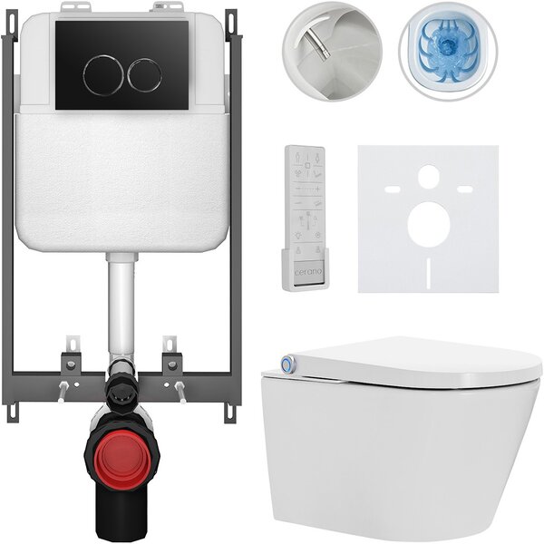 Závěsné WC s bidetem Basic/Cronus Premium - bílá lesklá - WC tlačítko Dualo/Černá - pro zazdění - 59,3x38,4 cm