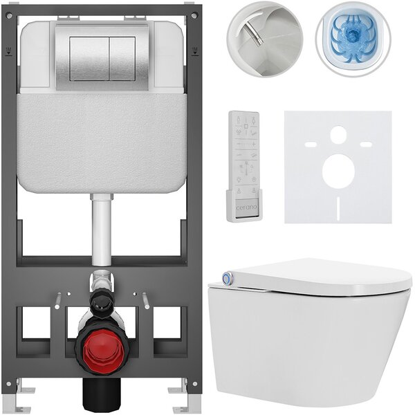 Závěsné WC s bidetem Basic/Cronus Premium - bílá lesklá - WC tlačítko Maxio/Stříbrná - volně stojící - předstěnová instalace - 59,3x38,4 cm