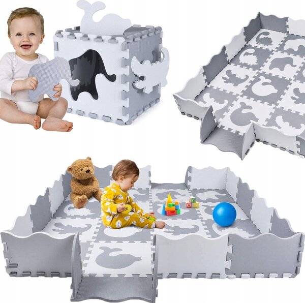 Velká vzdělávací podložka, puzzle na podlahu pro děti 140x140cm, 56 elementů v šedé barvě