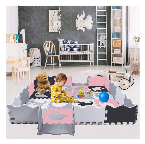 Velká vzdělávací podložka, puzzle na podlahu pro děti 140x140cm, 56 elementů v růžové barvě
