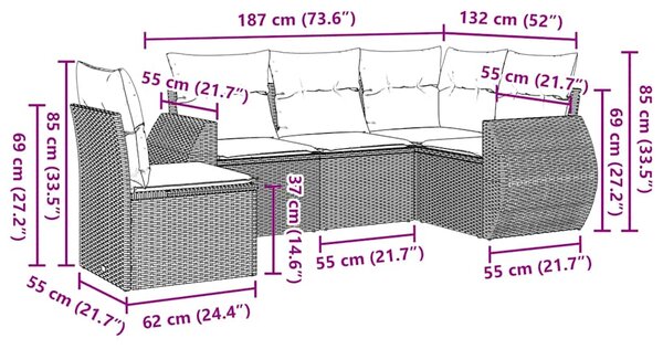 5dílná zahradní sedací souprava s poduškami černá polyratan 3253702