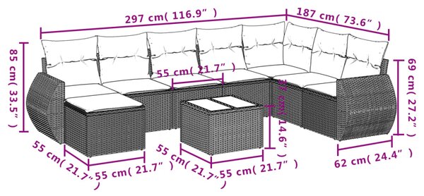 8dílná zahradní sedací souprava s poduškami šedá polyratan 3254097