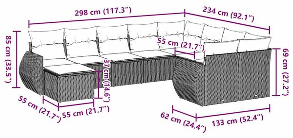 10dílná zahradní sedací souprava podušky světle šedá polyratan 3254199