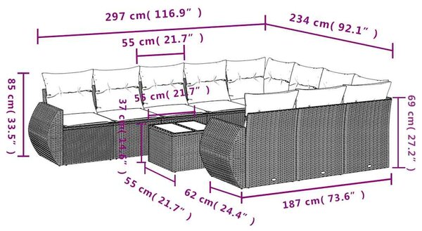 11dílná zahradní sedací souprava s poduškami černá polyratan 3254232