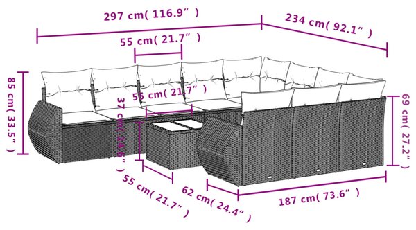 11dílný zahradní sedací souprava s poduškami béžový polyratan 3254236