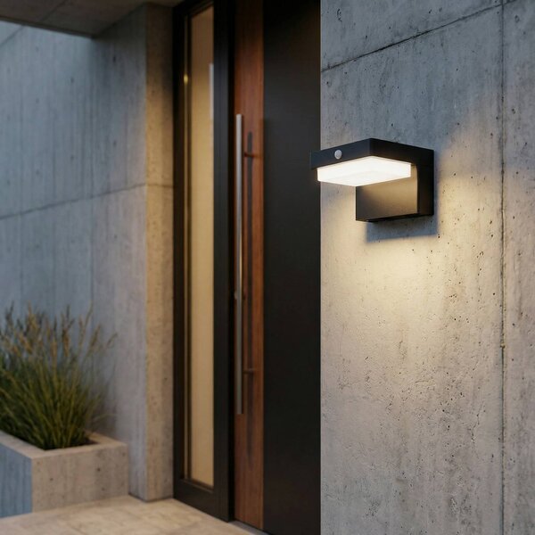 Lindby LED solární nástěnné svítidlo Eleazar, černé, senzor, stmívatelné, Černá, Hliník, Moderní