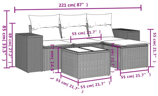 5dílná zahradní sedací souprava s poduškami černá polyratan 3254813